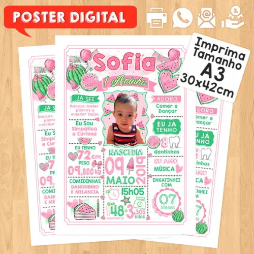 Arte Digital Chalkboard Aniversário A3 30x42cm Melancia Rosa