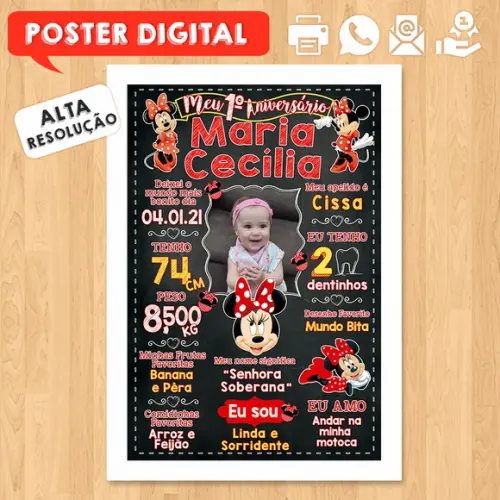 Arte Digital Chalkboard Aniversário A3 30x42cm Minnie