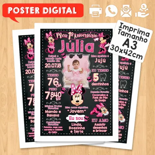 Arte Digital Chalkboard Aniversário A3 30x42cm Minnie