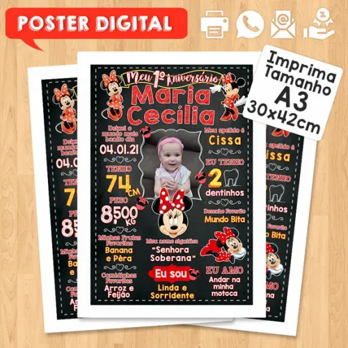 Arte Digital Chalkboard Aniversário A3 30x42cm Minnie