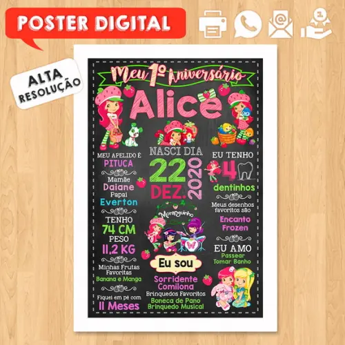 Arte Digital Chalkboard Aniversário A3 30x42cm Moranguinho