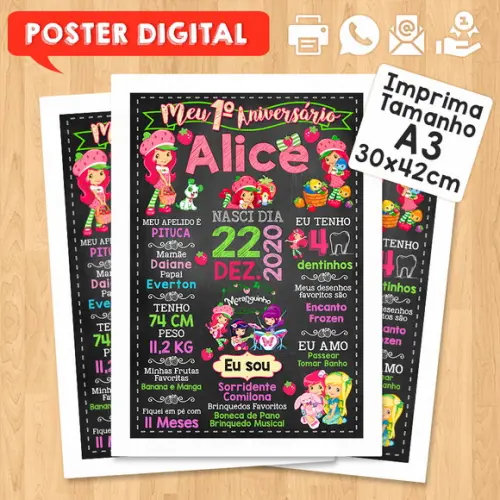 Arte Digital Chalkboard Aniversário A3 30x42cm Moranguinho