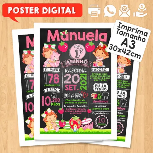 Arte Digital Chalkboard Aniversário A3 30x42cm Moranguinho