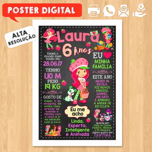 Arte Digital Chalkboard Aniversário A3 30x42cm Moranguinho