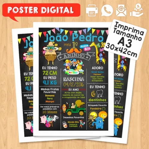 Arte Digital Chalkboard Aniversário A3 30x42cm Mundo Bita