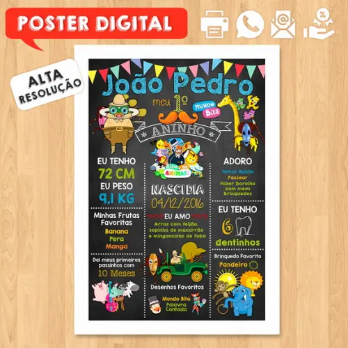Arte Digital Chalkboard Aniversário A3 30x42cm Mundo Bita