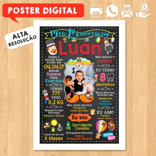 Arte Digital Chalkboard Aniversário A3 30x42cm Mundo Bita