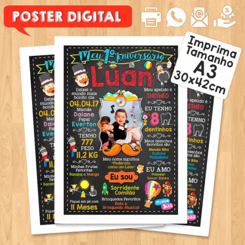 Arte Digital Chalkboard Aniversário A3 30x42cm Mundo Bita