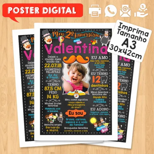 Arte Digital Chalkboard Aniversário A3 30x42cm Mundo Bita
