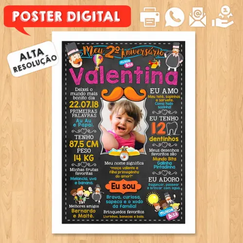 Arte Digital Chalkboard Aniversário A3 30x42cm Mundo Bita