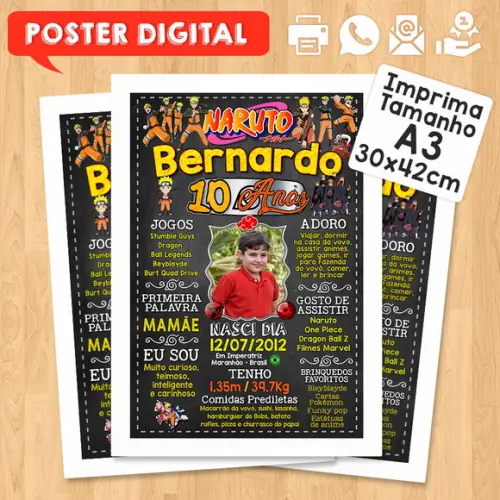 Arte Digital Chalkboard Aniversário A3 30x42cm Naruto