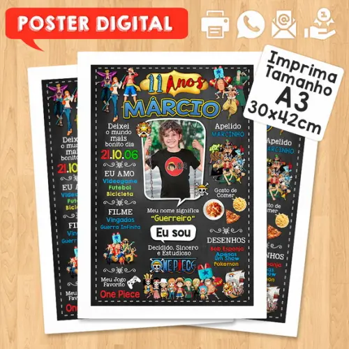 Arte Digital Chalkboard Aniversário A3 30x42cm One Piece