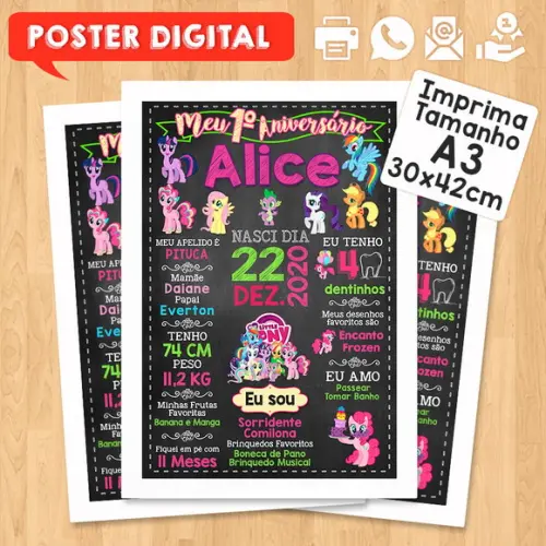 Arte Digital Chalkboard Aniversário A3 30x42cm Pequeno Pônei