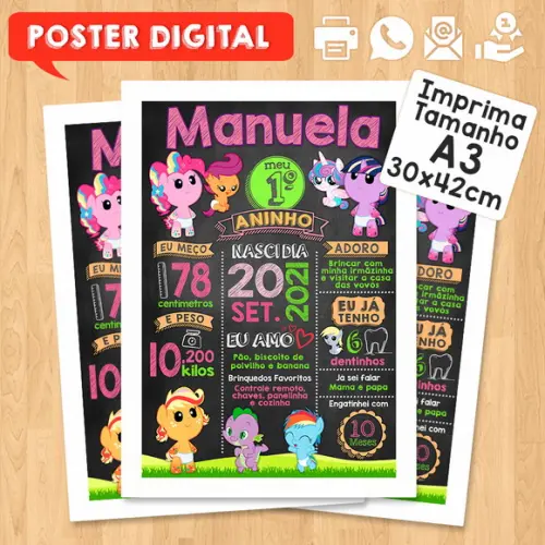 Arte Digital Chalkboard Aniversário A3 30x42cm Pequeno Pônei