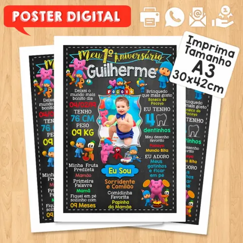 Arte Digital Chalkboard Aniversário A3 30x42cm Pocoyo