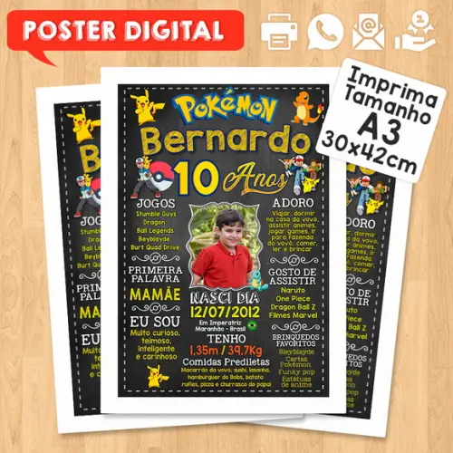 Arte Digital Chalkboard Aniversário A3 30x42cm Pokemon