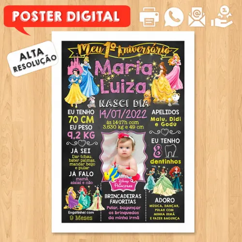 Arte Digital Chalkboard Aniversário A3 30x42cm Princesas