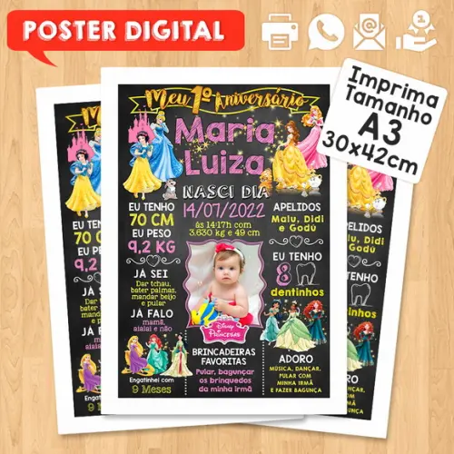 Arte Digital Chalkboard Aniversário A3 30x42cm Princesas