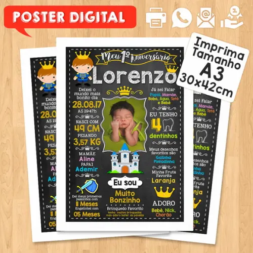 Arte Digital Chalkboard Aniversário A3 30x42cm Príncipe