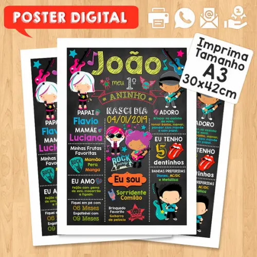 Arte Digital Chalkboard Aniversário A3 30x42cm Rock Baby