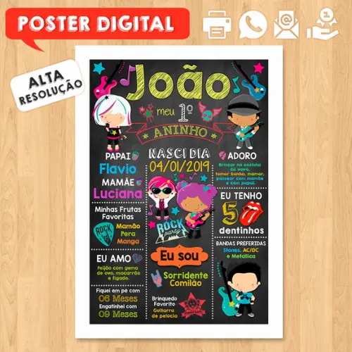 Arte Digital Chalkboard Aniversário A3 30x42cm Rock Baby
