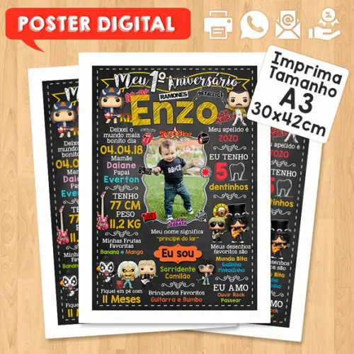 Arte Digital Chalkboard Aniversário A3 30x42cm Rock Baby