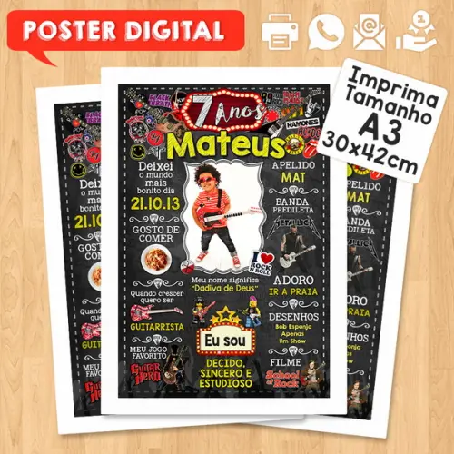 Arte Digital Chalkboard Aniversário A3 30x42cm Rock Baby