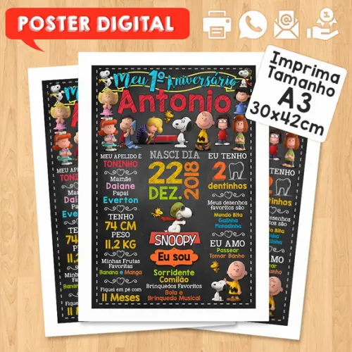 Arte Digital Chalkboard Aniversário A3 30x42cm Snoopy