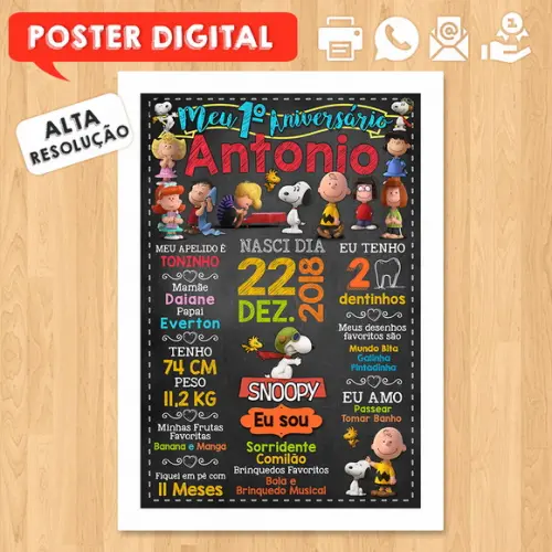 Arte Digital Chalkboard Aniversário A3 30x42cm Snoopy