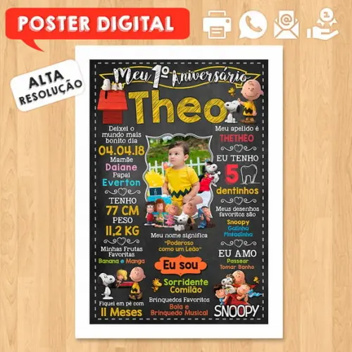 Arte Digital Chalkboard Aniversário A3 30x42cm Snoopy