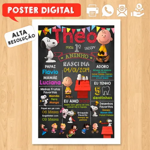 Arte Digital Chalkboard Aniversário A3 30x42cm Snoopy