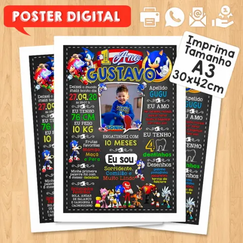 Arte Digital Chalkboard Aniversário A3 30x42cm Sonic