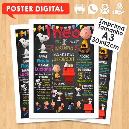 Arte Digital Chalkboard Aniversário A3 30x42cm Snoopy
