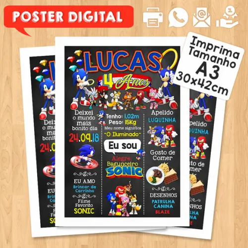 Arte Digital Chalkboard Aniversário A3 30x42cm Sonic