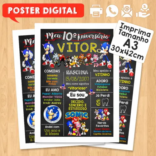 Arte Digital Chalkboard Aniversário A3 30x42cm Sonic