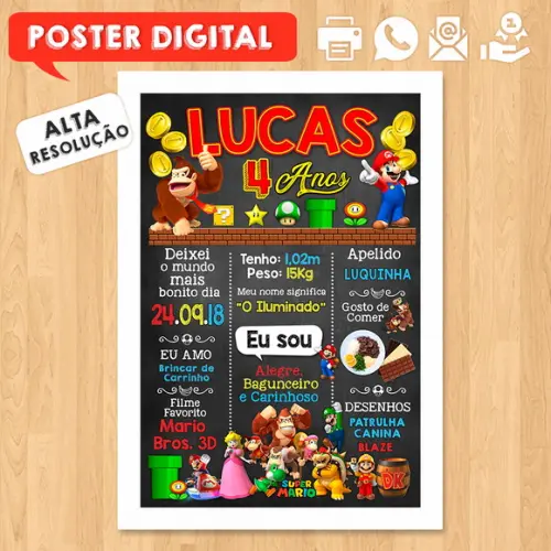 Arte Digital Chalkboard Aniversário A3 30x42cm Super Mário