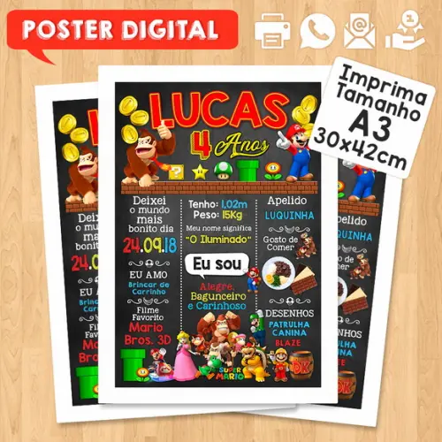 Arte Digital Chalkboard Aniversário A3 30x42cm Super Mário