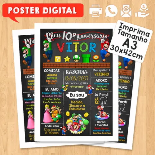 Arte Digital Chalkboard Aniversário A3 30x42cm Super Mário
