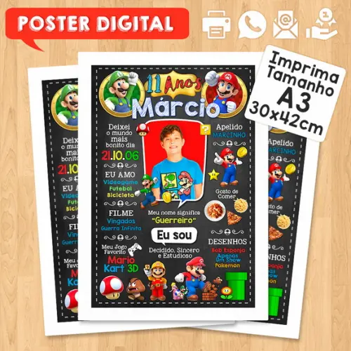 Arte Digital Chalkboard Aniversário A3 30x42cm Super Mário