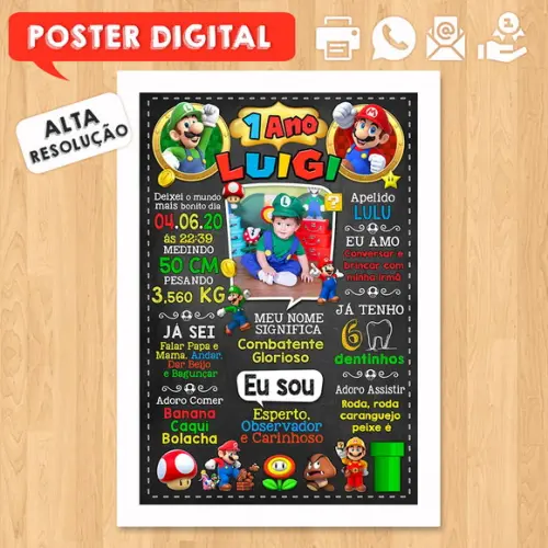 Arte Digital Chalkboard Aniversário A3 30x42cm Super Mário
