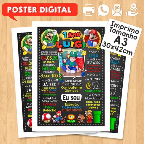 Arte Digital Chalkboard Aniversário A3 30x42cm Super Mário