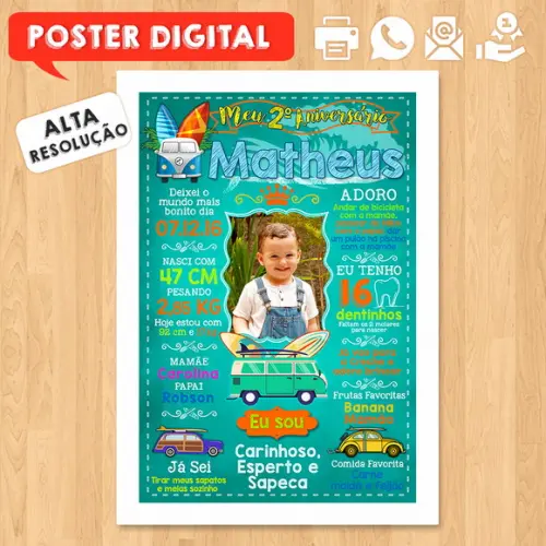 Arte Digital Chalkboard Aniversário A3 30x42cm Surf Trip