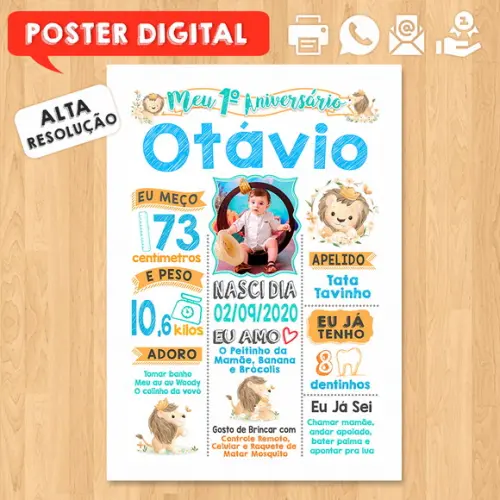 Arte Digital Chalkboard Aniversário A3 30x42cm Tema Leão