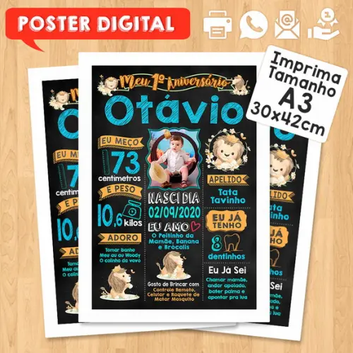 Arte Digital Chalkboard Aniversário A3 30x42cm Tema Leão
