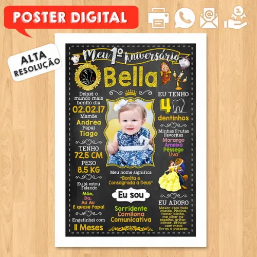 Arte Digital Chalkboard Aniversário A3 a Bela e a Fera