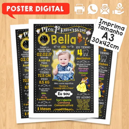 Arte Digital Chalkboard Aniversário A3 a Bela e a Fera