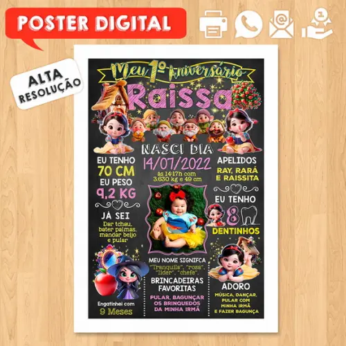 Arte Digital Chalkboard Aniversário A3 Branca de Neve Baby