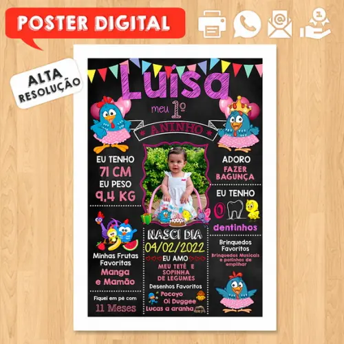 Arte Digital Chalkboard Aniversário A3 Galinha Pintadinha