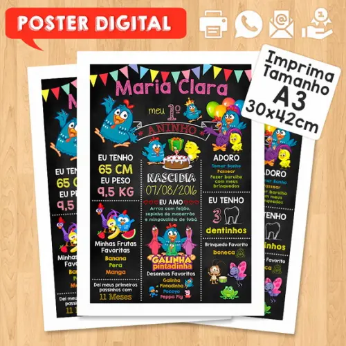 Arte Digital Chalkboard Aniversário A3 Galinha Pintadinha