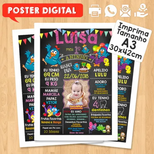 Arte Digital Chalkboard Aniversário A3 Galinha Pintadinha